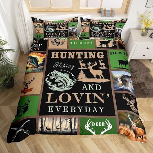 Homemissing Big Pike Fish Bettwäsche-Set Deer Bettbezug Set für Kinder Teens Jungen Jagd Bettwäsche Set 135x200cm Antlers Angelstang Bettbezug 1 Bettbezug mit 1 Kissenbezug