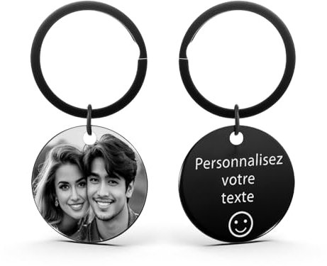 AAQ Porte Clef Personnalisable - Porte-Clés Personnalisables Photo, Personnalisable Recto Verso Texte Porte Cle Photo, Cadeau Personnalisé pour Femme Homme Famille (Gravure noire-cercle)