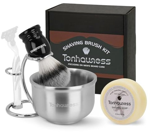 Shaving Brushes Kit For Men, 4 In 1 Shaving Brush Set Includes Nylon Bristle Shave Brush,Stainless Steel Shaving Bowl, Shaving Stand and Soap
