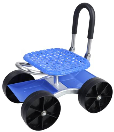 Gartenwagen mit Rollen und höhenverstellbarem Drehsitz – Ergonomischer Gartenhocker mit Lenker, Aufbewahrungskorb und Sitzpolster für Gartenarbeit