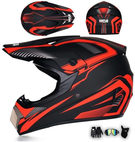 MODRYER Casco Motocross con Visiera ECE Casco Cross Integrale Downhill Offroad Uomo Donna Casco da Moto Ciclomotori Caschi per Enduro ATV Dirt Bike con Guanti Occhiali Maschera,Red-L/56~57cm
