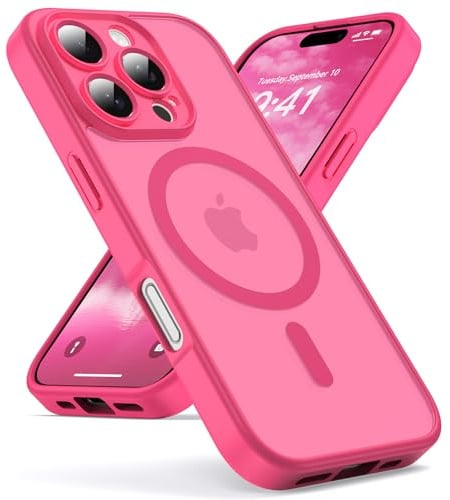 Oududianzi - Magnétique Coque pour iPhone 16 Pro Max Magsafe, Rose Rouge | Housse de Arrière Translucide Givrée PC, TPU Silicone Bumper Étui Protection Antichoc Militaire Anti-Empreintes