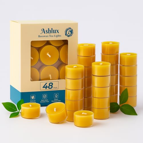 Ashlux Bienenwachs Teelichter, Bienenwachskerzen, 48 Stück, Gelb, 6 Std.