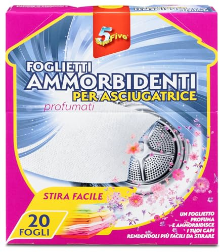 SUPERFIVE, Foglietti Ammorbidenti per Asciugatrice, Profumati e Antistatici, 20 Fogli (1 Confezione x 20 Fogli)