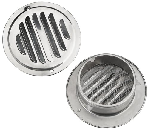 2Pcs 100mm Stainless Steel Circular Ventilation Grilles, 95mm Round Air Vent Cover with Insect Mesh - Air Vent Grill Screen Hood Extractor Fan Vent Cover for Bathroom and Kitchen