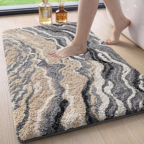 DEXI Badematte rutschfest 44 x 76 cm, waschbar Badezimmerteppich weich Badteppich Mikrofaser Saugfähig Badvorleger Duschvorleger, Beige Grau