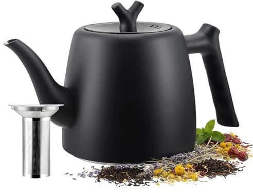 Eirolace Tetera de Acero Inoxidable Tetera 2L con Infusor, Tetera Térmica Doble Pared Negra, con Filtro Extraíble para Té Suelto, Jengibre y Mezclas de Hierbas
