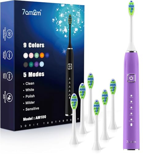 7AM2M Brosse à dents à ultrasons pour adultes et enfants, 6 têtes de brosse, rechargeable de type C, autonomie de la batterie de 120 jours, 5 modes, 40 000 VPM, minuterie intelligente de 2 minutes