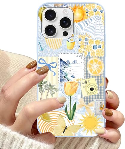 Yoedge Cute Aesthetic Case for iPhone 16 Pro Max 6.9 | Coastal Coquette Vacation Collage, Lemon Sun Palm Tree, Shockproof, Scratch Resistant,