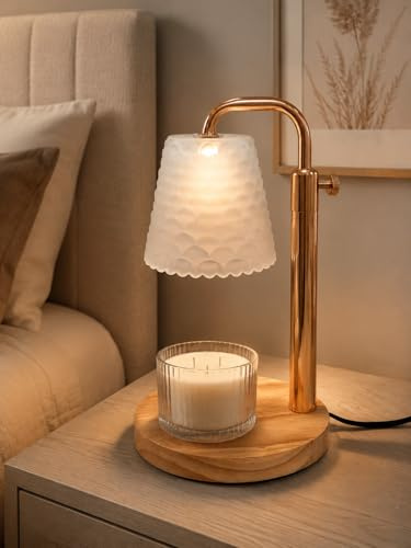 QUIGO Candle Warmer Lamp Glass Lampshade Round Base, Gold | Timer, Dimmable, Adjustable Height, Fish Scale Pattern Glass Lampshade, Electric Wax Melter Room Decor House Warming Gifts