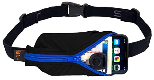 SPIbelt Laufgürtel mit großer Tasche, Keine Sprungkraft, Bauchtasche für Läufer, passend für iPhone 6, 7, 8 Plus, X, Sportler und Abenteurer (schwarz mit blauem Reißverschluss, 63,5 cm bis 119,4 cm)