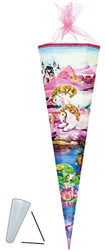 Schultüte - Einhörner/Einhorn - 50 cm - mit Tüllabschluß - Zuckertüte - mit/ohne Kunststoff Spitze Spitze - Nestler - Pferde Einhornfamilie - Märchen Tier..