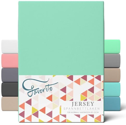 Favorito Jersey Spannbettlaken 90x200 cm Baumwolle Rundumgummi Lagune | Rundumgummi · Steghöhe 15–25 cm · Trocknergeeignet · 130 g/m² · 100% Baumwolle · 60°C waschbar · STANDARD 100 by OEKO-TEX