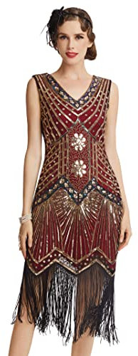 BABEYOND Damen Flapper Kleider voller Pailletten Retro 1920er Party Damen Kostüm Kleid Gold Weinrot, S