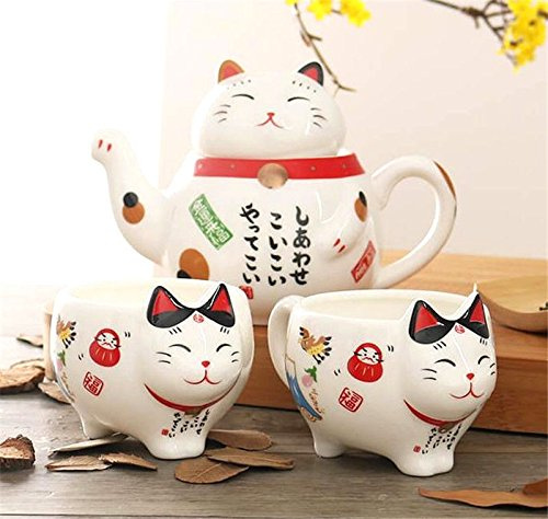 EatingBiting（R） Japanese Lucky Cat Maneki Neko Ceramic Teapot Tea Pot Set For 1 Teapot + 2 Tea Cups For Lunch Time, Charming Design Gift Box