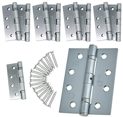 Door Hinges 4 102mm Ball Bearing 5 Pair Pack [10 Hinges & Screws] Satin Chrome Finish