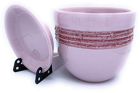 Sun Cakes Pot de Fleurs Rond en Terre Cuite émaillée avec Soucoupe et Plateau d'égouttement - Couleur Argile - Motif rayé (20 cm x 17 cm, Rose)