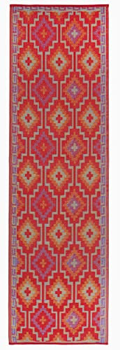 FAB HAB Outdoor-Teppich - Wasserfest, lichtecht, knitterfrei - Recycling-Kunststoff - Vintage-Kilim - Veranda, Terrasse, Balkon, Flur, Pool - Lhasa - Orange & Lila - 75 cm x 240 cm