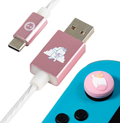 Numskull Unicorn LED USB Type-C Cable and Thumb Stick Grips - 1.5m Fast Charging Lead - Compatible with Xbox Series X|S, PlayStation 5, Nintendo Switch