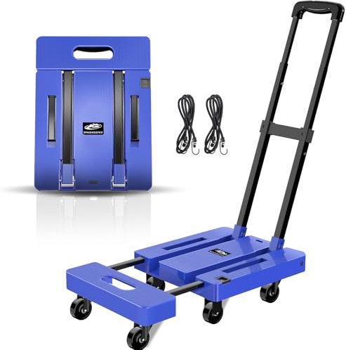 SPACEKEEPER Faltbare Sackkarre, Gepäckwagen, Tragbarer Klappwagen mit 6 Rädern und 2 elastischen Seilen für Gepäck, persönlich, Reisen, Auto, Umzug und Büro, Blau
