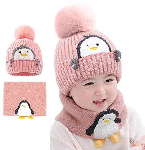 auvstar Kinder Jungen Mädchen Mütze Schal Set,wintermütze Baby Winter Herbst kinder Beanie Strickmütze mit Bommel Warm verdicken gefüttert,Beanie Hut Schal Set für Kinder 1-3 Jahre