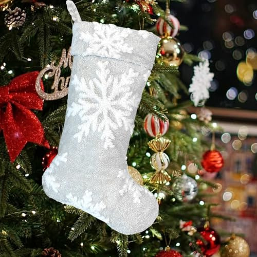 Mauts 24 Grey Big Snowflake Christmas stocking,Christmas decorations stocking,Used For Christmas Tree Gift Box Mantel Decoration Party Christmas (Grey White)
