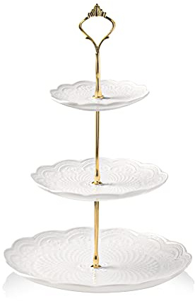 Sweejar Keramik-Tortenständer mit 3 Etagen, für Hochzeit, Dessert, Cupcake-Ständer für Teeparty, Servierplatte (Rosenweiß)