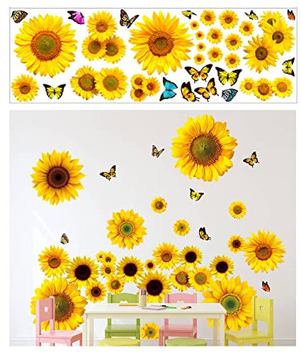 Wandsticker Blumen,Abnehmbare Baum Blätter Wandaufkleber, Wandtattoo Pflanzen,Wandtattoo Sonnenblume Schmetterling Wandsticker Garten Blumen Wandaufkleber Schlafzimmer Wohnzimmer Fenster Wanddeko