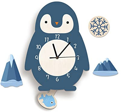 EXQULEG Cartoon Kinder Wanduhr,Uhr ohne Tickgeräusche,Wanduhr aus Holz Lautlos Uhrwerk Wanddeko,Kinderuhr für Kinderzimmer Schlafzimmer Babyzimmer (Pinguin)