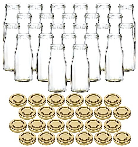gouveo 24er Set Glasflasche 150 ml Smoothie mit Schraub-Deckel goldfarben - Kleine Saftflasche 0,15 l mit TO43 Verschluss - Leere Flasche ideal zum Befüllen mit Saft und Smoothies