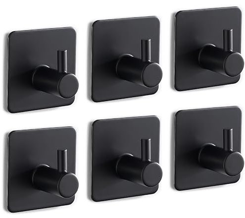 Eowihor Handtuchhalter Handtuchhaken, Wandhaken Ohne Bohren, 6 Stück Selbstklebend Haken aus Edelstahl, Ideal für Bad Toilette Küche Büro, Schwarz