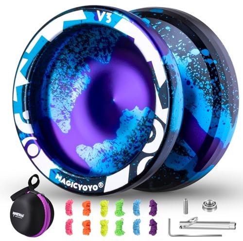 MAGICYOYO V3 Kinder JoJo aus Metall, Profi JoJo Responsive Yoyo und Unresponsive Yoyo, Trick JoJo mit kk Lager + 12 JoJo Saiten + Yo-Yo Tasche + Jo-Jo Lager Pack (Schwarz Blau Violett)