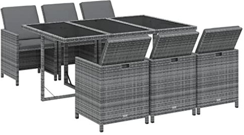 vidaXL Gartenmöbel Set 7-TLG. mit Kissen Gartengarnitur Sitzgruppe Gartenset Sitzgarnitur Gartentisch Esstisch Tisch Stühle Poly Rattan Grau
