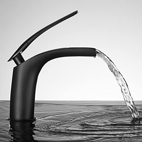 SJQKA Wasserfall Wasserhahn Bad Wasserhahn Wasserfall für Badezimmer,Wasserhahn Bad Aus Erstklassigem Messing,wasserfall Einhandmischer Für Bad Badezimmer Waschbecken (Schwarz - Kurz)