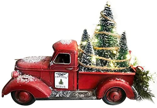 JINGLING Weihnachts Dekoration Rote Bauernhof LKW Weihnachts Schmuck Tischdekoration, Bauernhaus Vintage Roter Pickup-Truck Mit Weihnachtsbäumen Für Zuhause Küche Tischdekoration