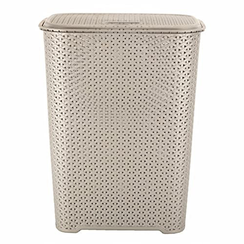 JMS we create smile 65 Litre Large Laundry Basket with Flip Lid - Knit Design Plastic Hamper Washing Baskets for Linen Clothes Storage Basket (Mocha)