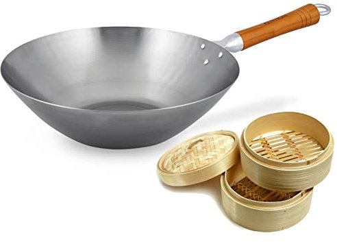 Ken Hom großer Wok 31 cm aus Karbonstahl und mit Holzgriff - Wokpfanne ohne Induktion - Set inkl. Dampfgarer Ø 20 cm