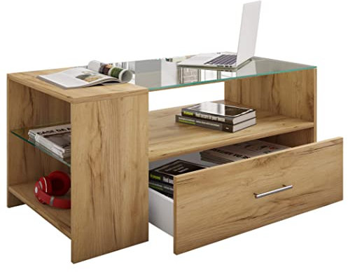 VCM Holz Couchtisch mit ESG-Sicherheitsglas | Sofatisch mit ausreichend Stauraum | Maße ca. H. 45 x B. 100 x T. 50 cm | Wohnzimmertisch mit Schublade - Tindala