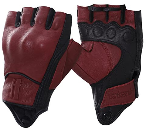 Harssidanzar KL022 - Guantes de motocicleta sin dedos, guantes de motocicleta para pantalla táctil, protección rígida de nudillos para mujer, color Oxblood/negro, talla M