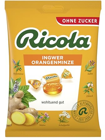 Ricola Bonbons mit Schweizer Alpenkräuter Ingwer Orangenminze ohne Zucker, 75 g Bonbons