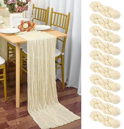 10 Stück Seihtuch-Tischläufer Hell Beige,90 x 300 cm Elfenbein Rustikaler Gaze-Stoff Boho-Tischläufer Käsetuch Cheesecloth Tischläufer Hochzeit Tischdecke für Hochzeitsfeier Brautparty Tischdekoration