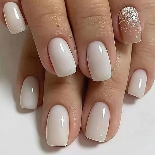 24PCS Medium False Nails with Glue Stickers, Coffin Full Cover Acrylic Press on Nails no Glue, White Jade French Fake Nails for Women and Girls Nail Art
