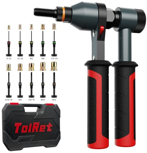 TOLRET Rivet Nut Tool Rivet Nut Kit, Rivnut Tool Kit with 10 Metric and SAE Mandrels, 100 Pcs Rivet Nuts Assortment Kit, Professional Ratchet Nutsert Tool Kit with Rugged Carrying Case, TR21