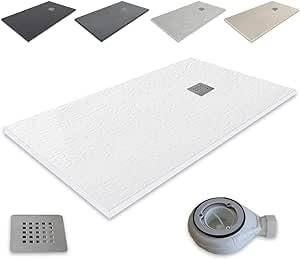 Receveur de douche en résine Atlantic - outletaseo - Texture ardoise antidérapante avec siphon et grille (180x90, Blanc Ral 9003)
