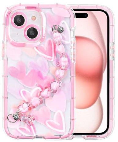 YEPO For iPhone 15 Case Cute Wrist Strap, Pink Heart Design Soft TPU Shockproof Protective Clear Phone Cases for iPhone 15 Girls Women