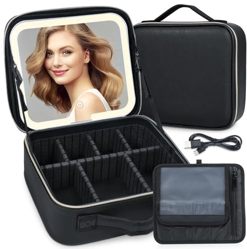 Bestauty Kosmetiktasche mit Spiegel und Licht 3 Farben LED Schminkbox Tragbare Reise Make up Tasche mit Verstellbaren Trennwänden, Schminkorganizer mit LED Spiegel PU-Leder & Wsserdicht Schwarz