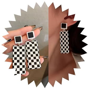 TseenYi Acryl Kariert Baumeln Ohrringe Schwarz Weiß - Vintage Rechteck Streifen Ohrringe - Lange Acrylharz Schmuck Für Frauen Und Mädchen