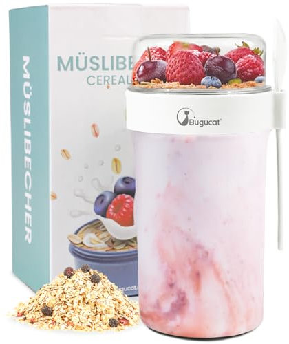Bugucat Müslibecher to Go 760ml+230ml,Praktischer Joghurtbecher to Go Müsli to Go Becher mit Löffel,Auslaufsicherer Müsli Cup to Go Becher,Müslibox to Go Müsli Becher to Go kinder,Transparent
