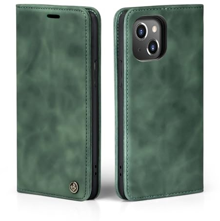 LBH Handyhülle für Apple iPhone 15 in Grün mit Karten- und Geldfach Smartphone Hülle mit Standfunktion Flip Case Schutzhülle Magnetverschluss Vintage