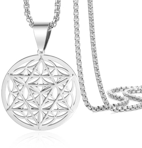 VASSAGO Merkabah auf Blume des Lebens Halskette Mandala Halskette Geometrie Stern Tetraeder Merkaba Anhänger Halskette Buddhistische Lotusblume Mandala Schmuck Geschenk